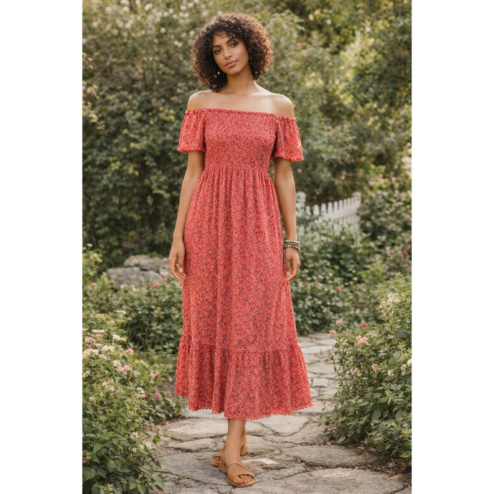 Old Navy Dress Womens Medium Red Floral Prairie Midi Cottagecore Boho Smocked
